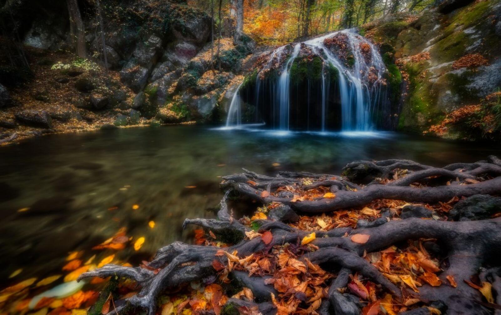 Обои осень водопад опавшие листья на рабочий стол