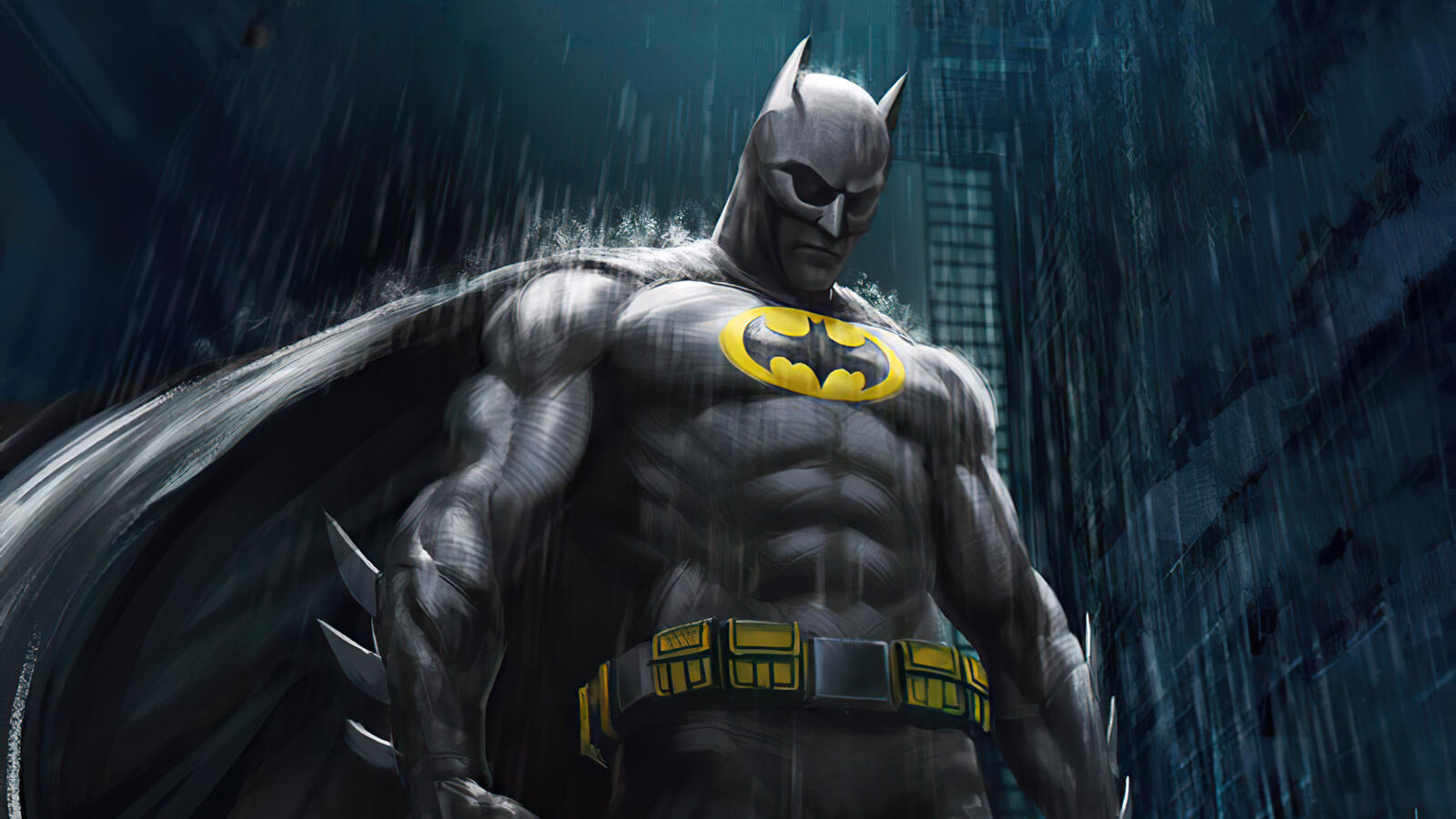 Free photo Batman stands in the rain at night