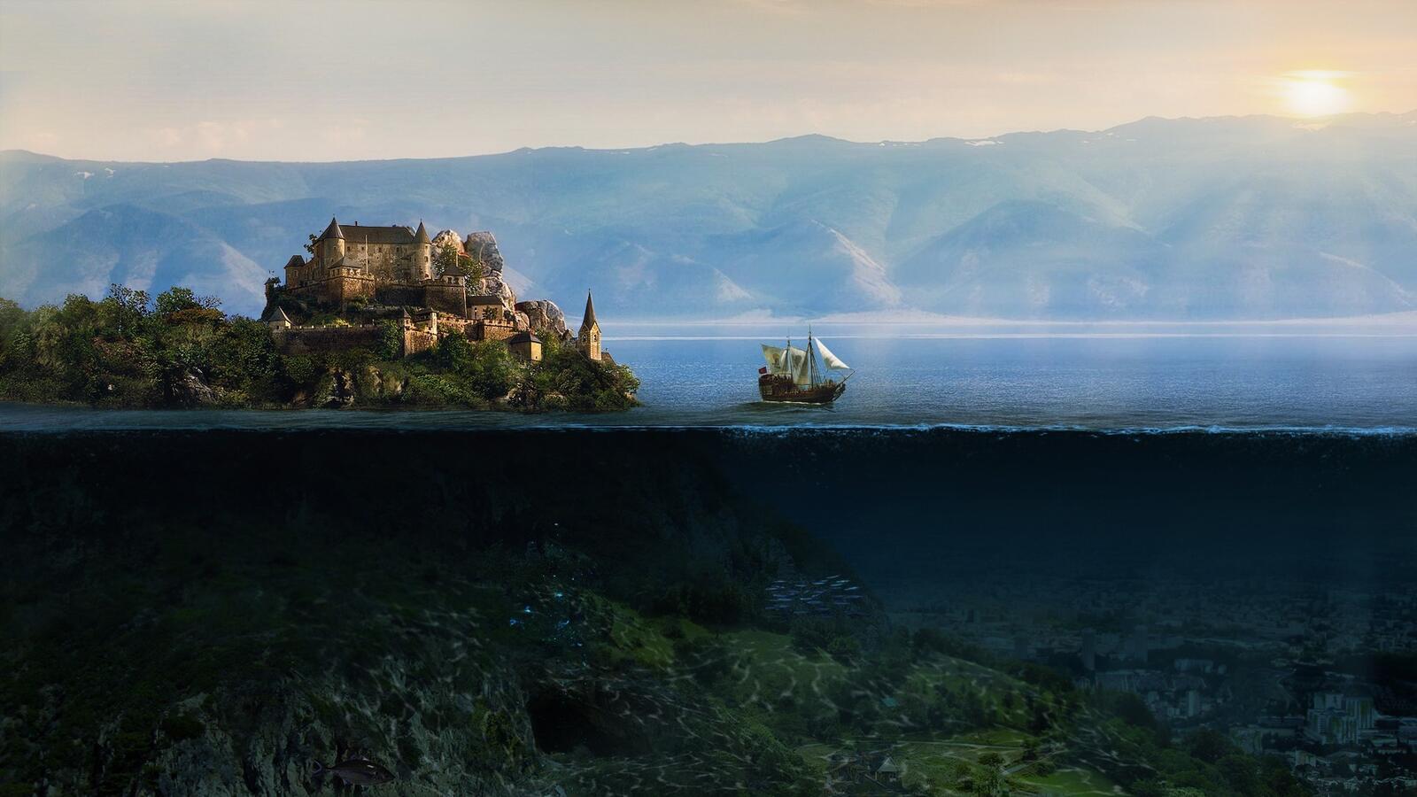 Wallpapers fantasy art sailing ship underwater on the desktop