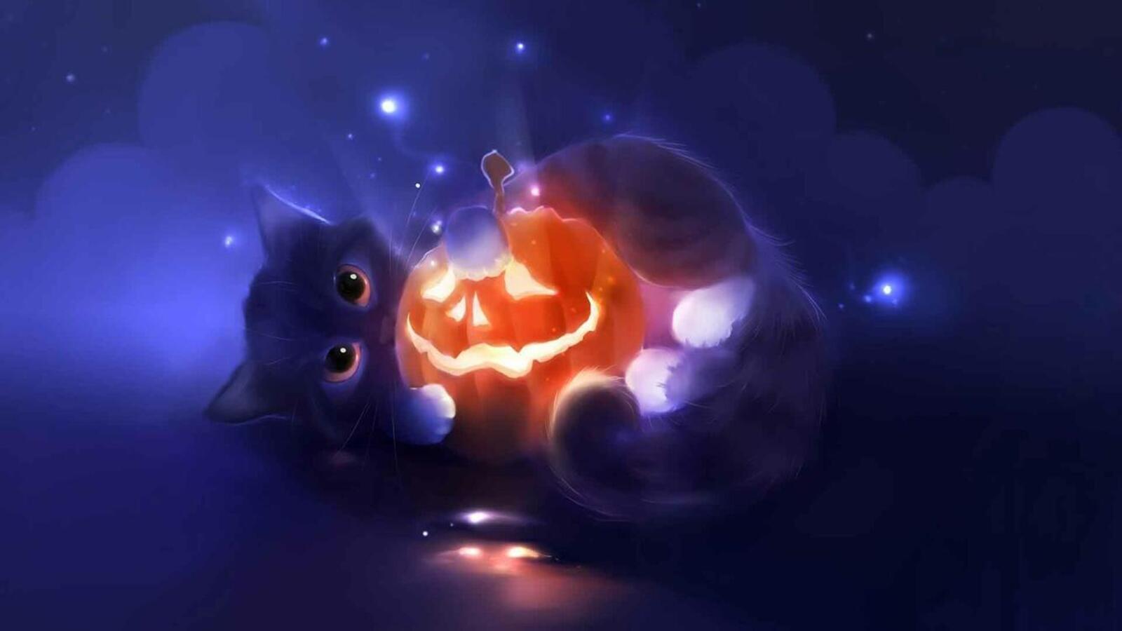 Free photo Rendering picture of a kitten playing with a Halloween pumpkin