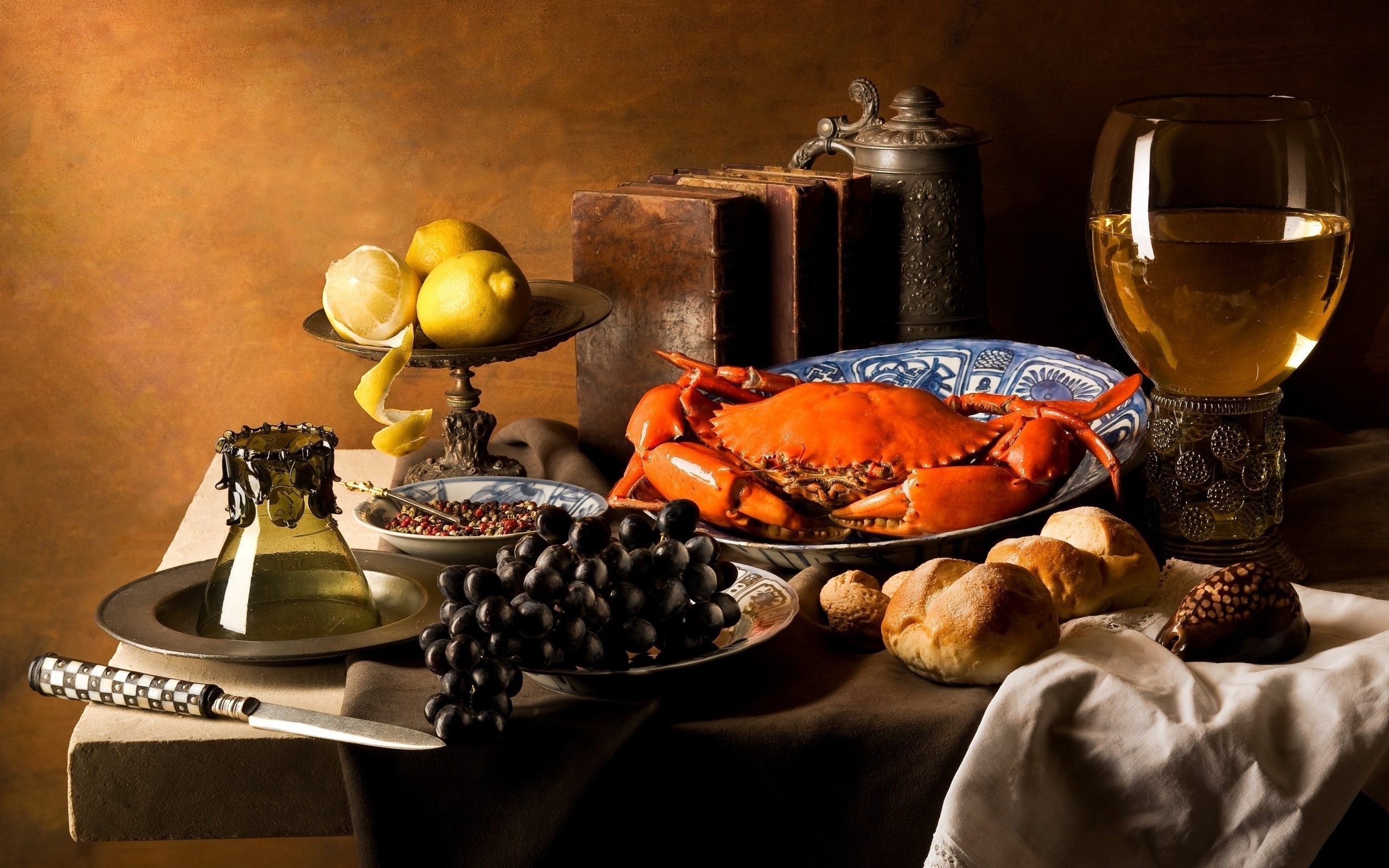 桌面上的壁纸螃蟹 葡萄酒 食物