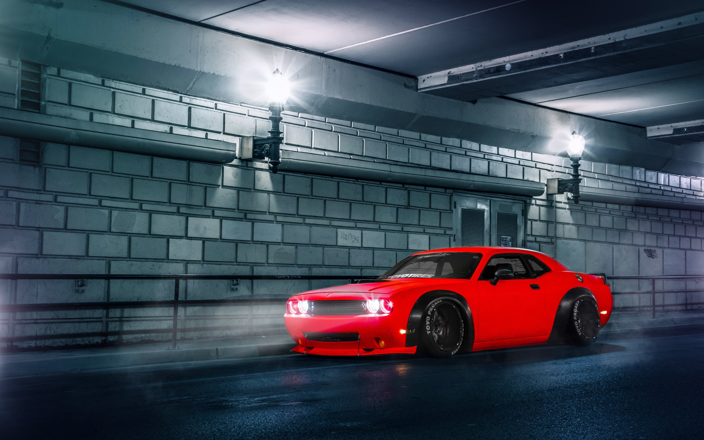 Wallpaper with a red dodge challenger srt in the tunnel