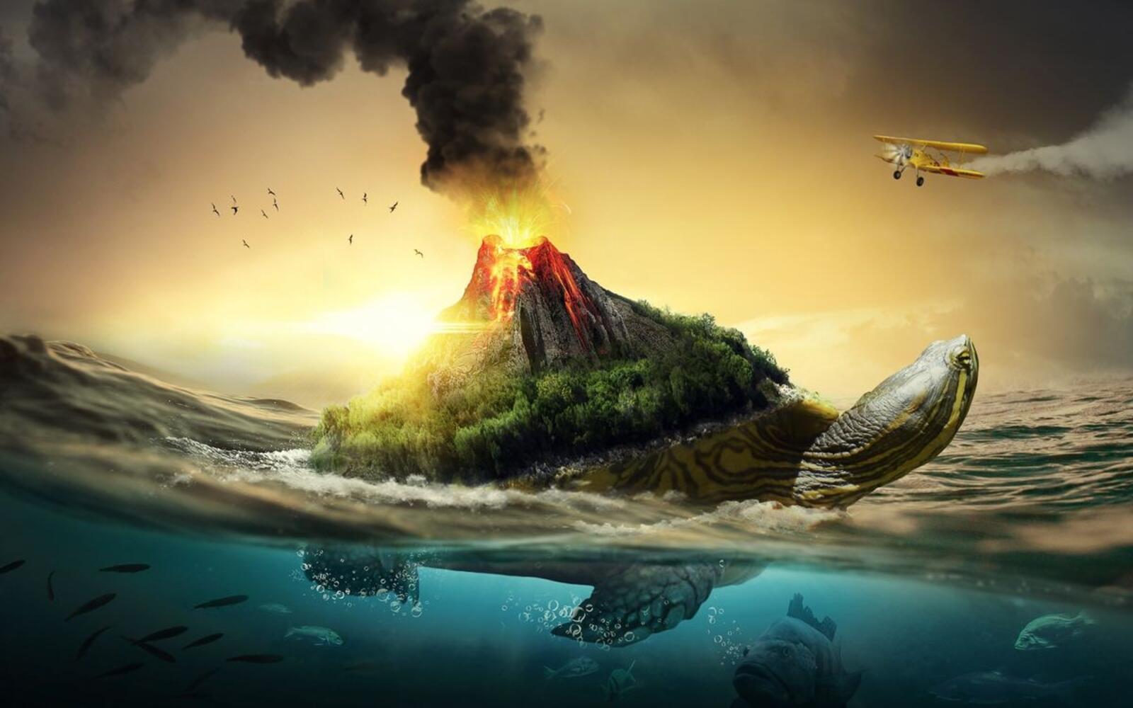 Бесплатное фото Извергающийся вулкан на панцире водной черепахи