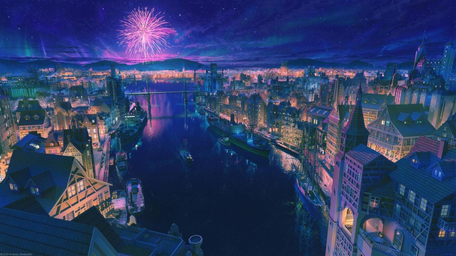 Wallpapers anime cityscape beautiful fireworks on the desktop
