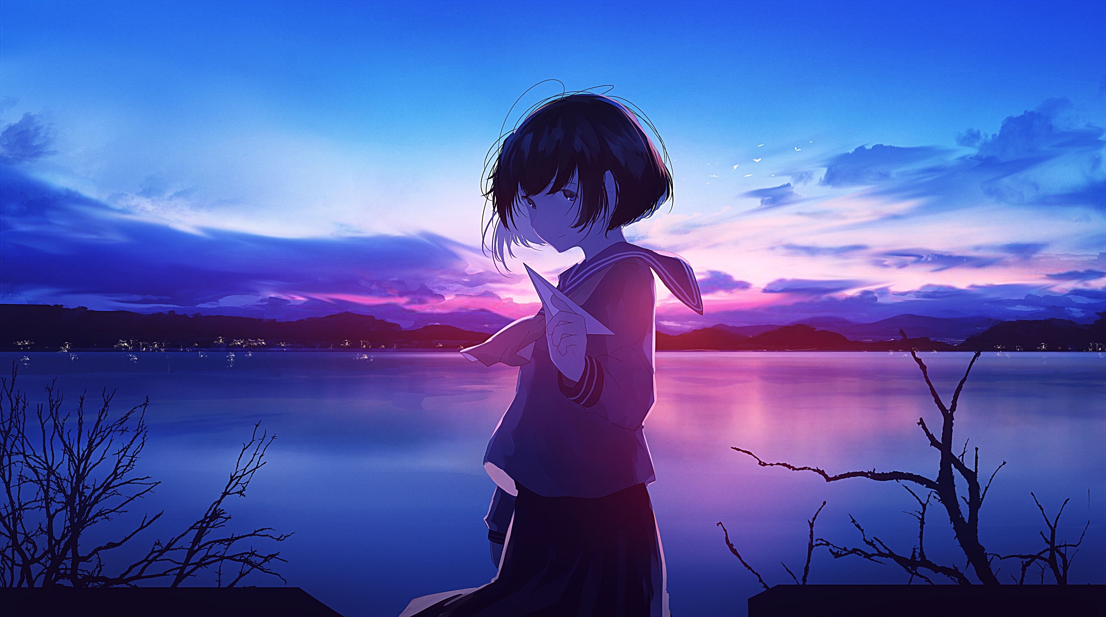 Фото бесплатно аниме школьница, горизонт, короткие волосы
