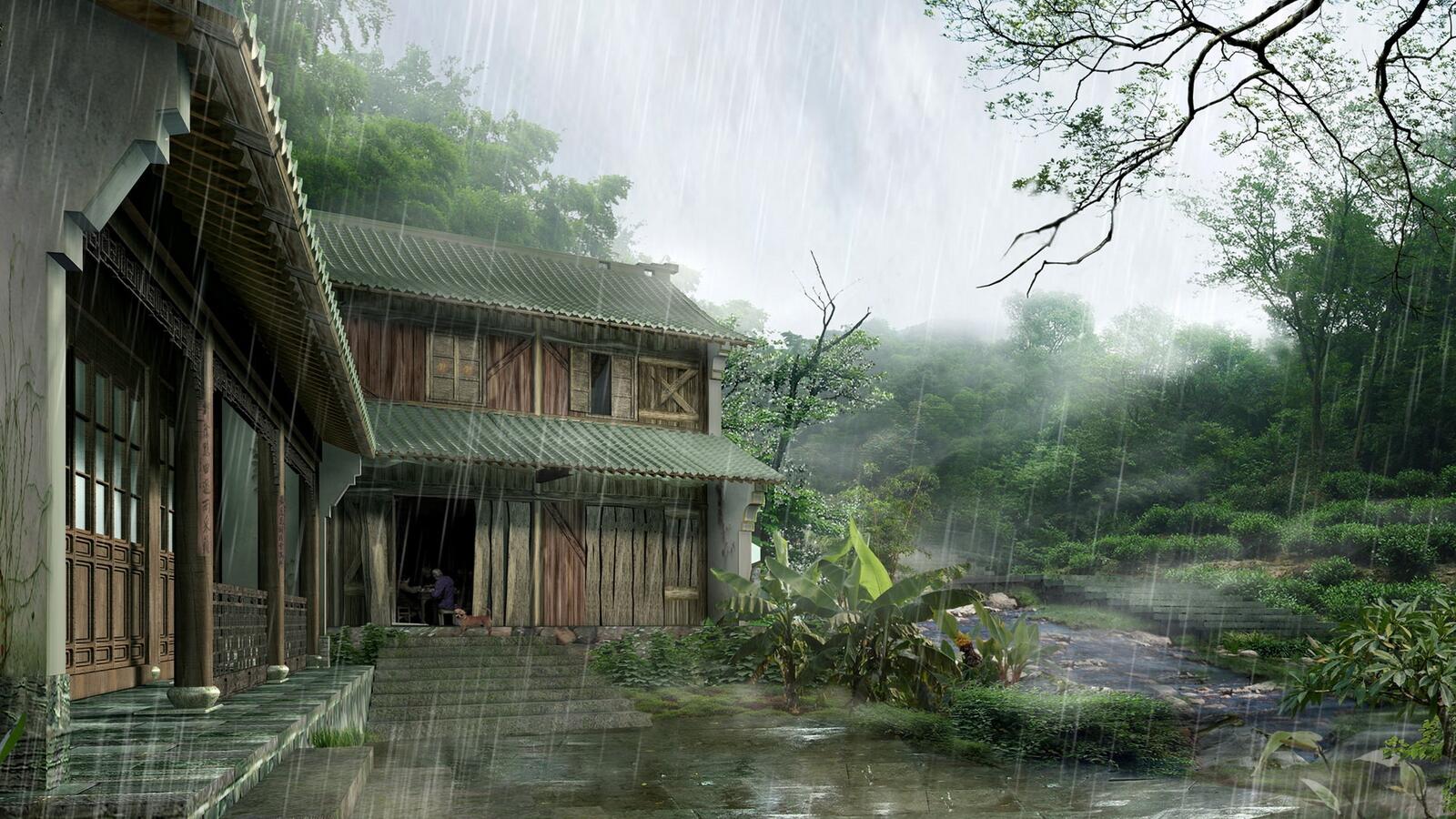 桌面上的壁纸农村 雨水 房子