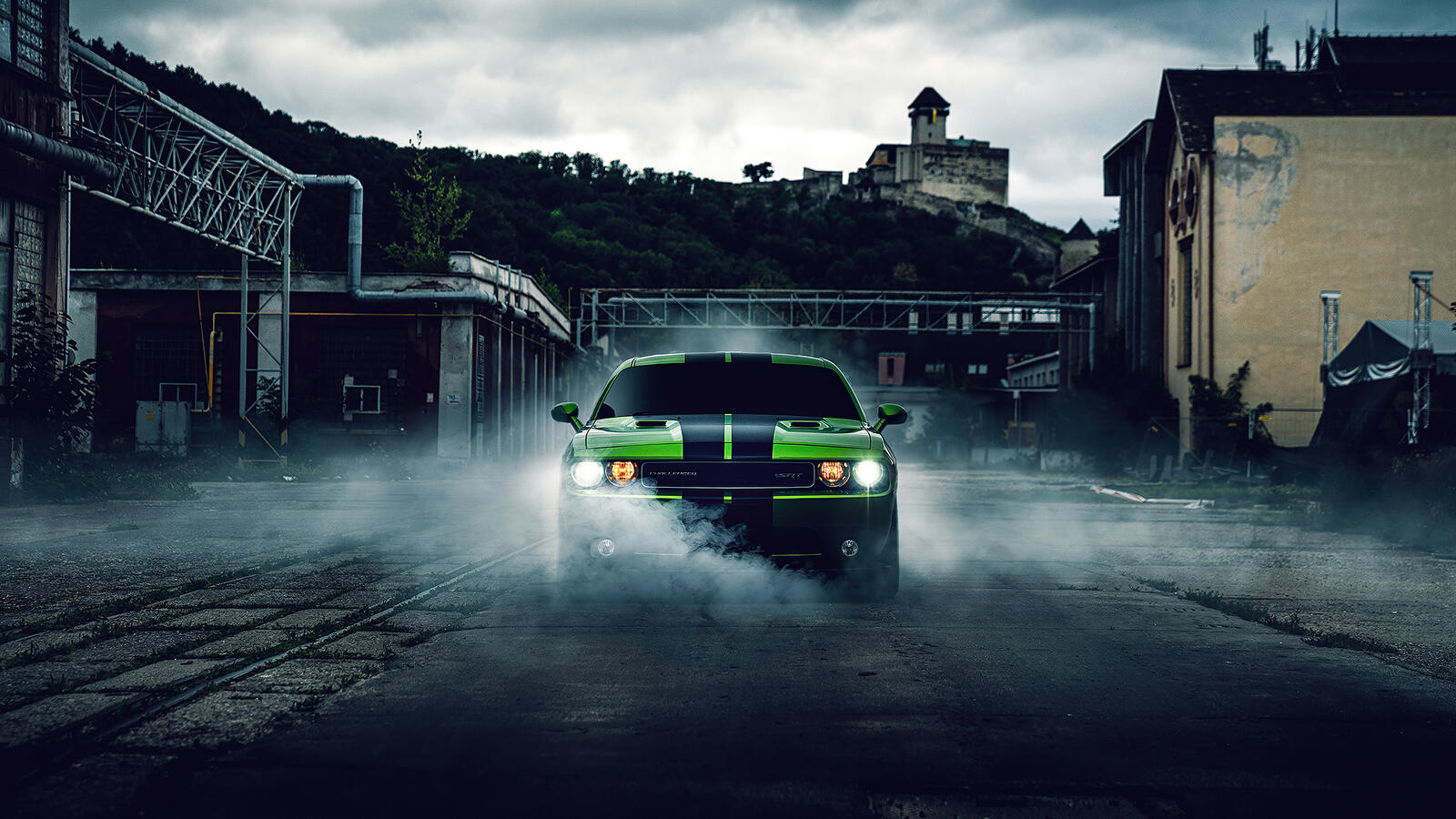 Wallpapers front of smoke Dodge Challenger on the desktop