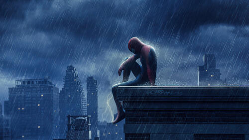 Spider-Man got dumped by a girl, sitting sad on the roof.