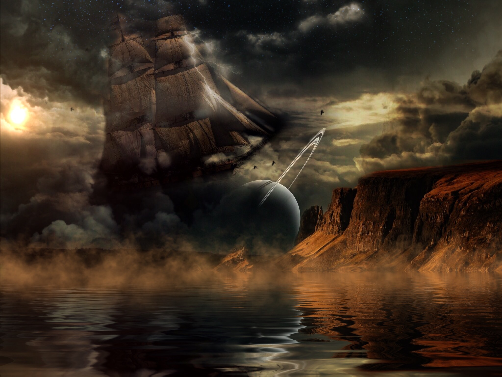 Фото бесплатно закат, корабль, темные облака