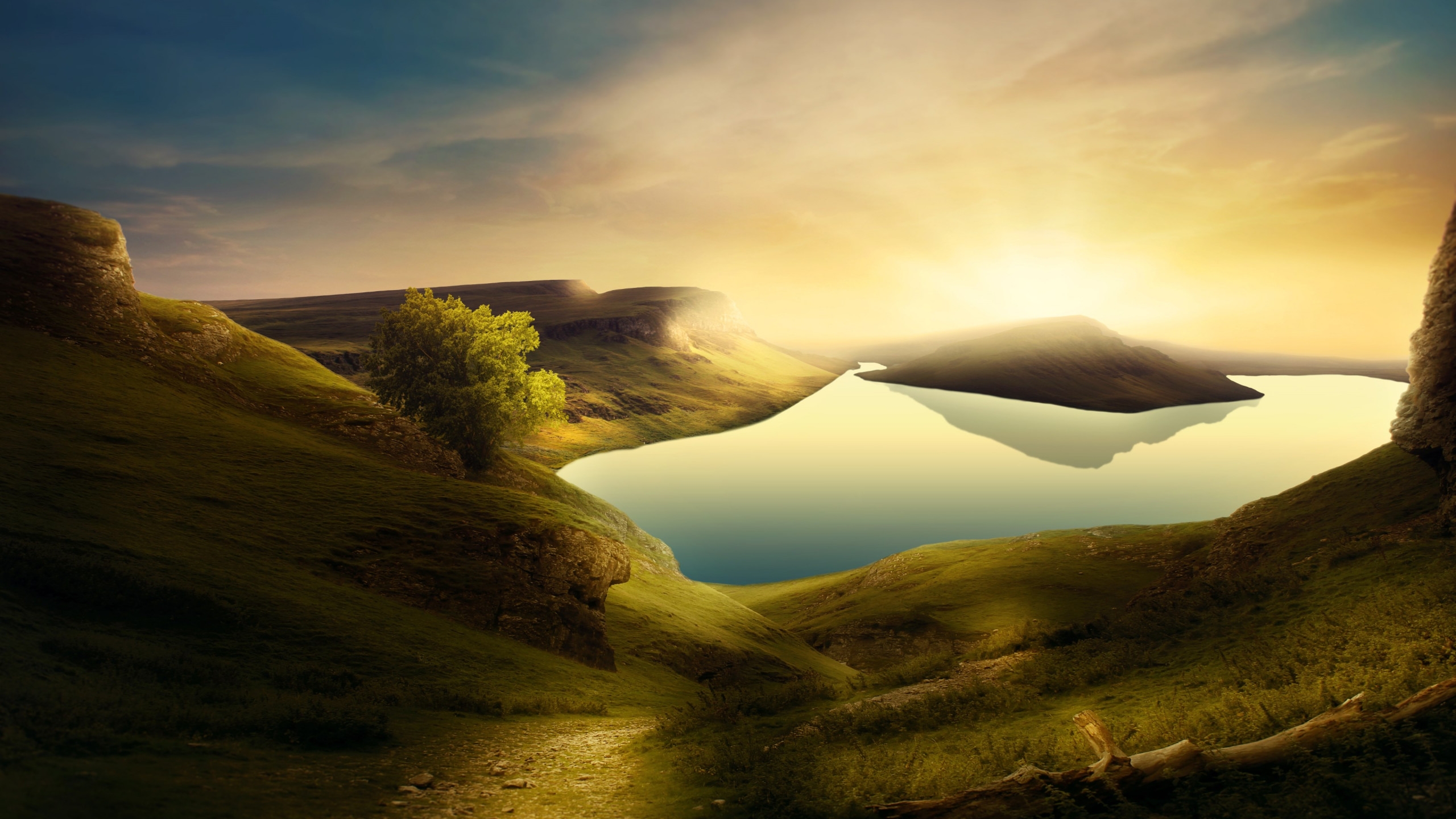 Бесплатное фото Склон ведет к озеру на рассвете