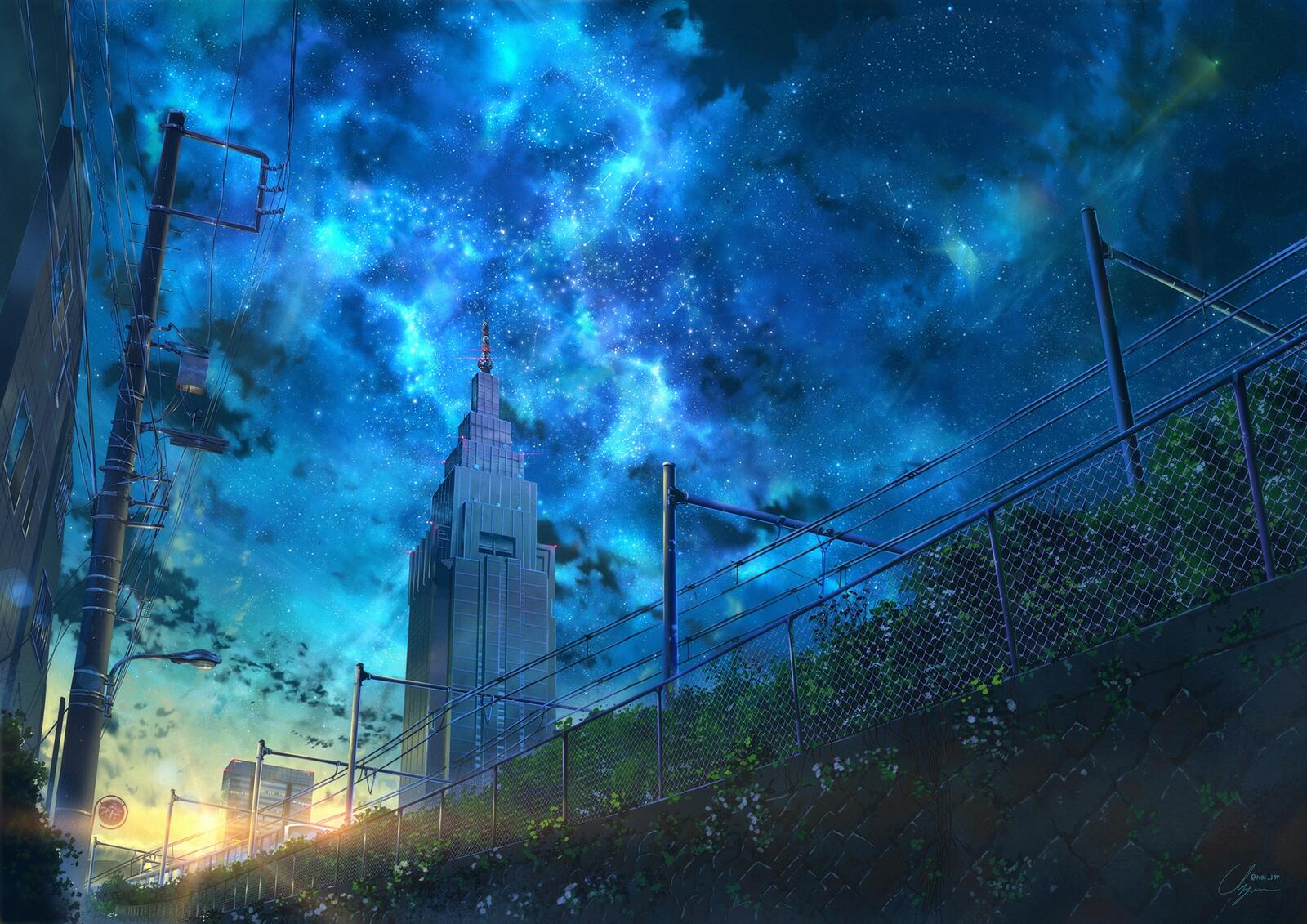 Обои небоскрёб аниме ночь звезды на рабочий стол
