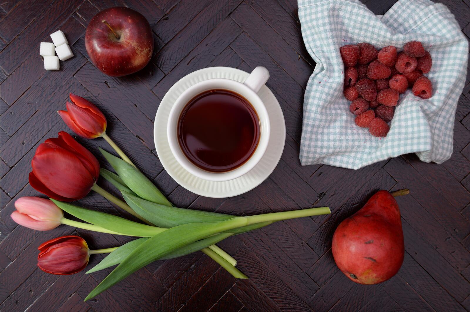 Бесплатное фото Утренний чай с красными тюльпанами