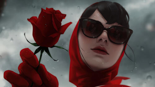 A girl with a red rose and red gloves.