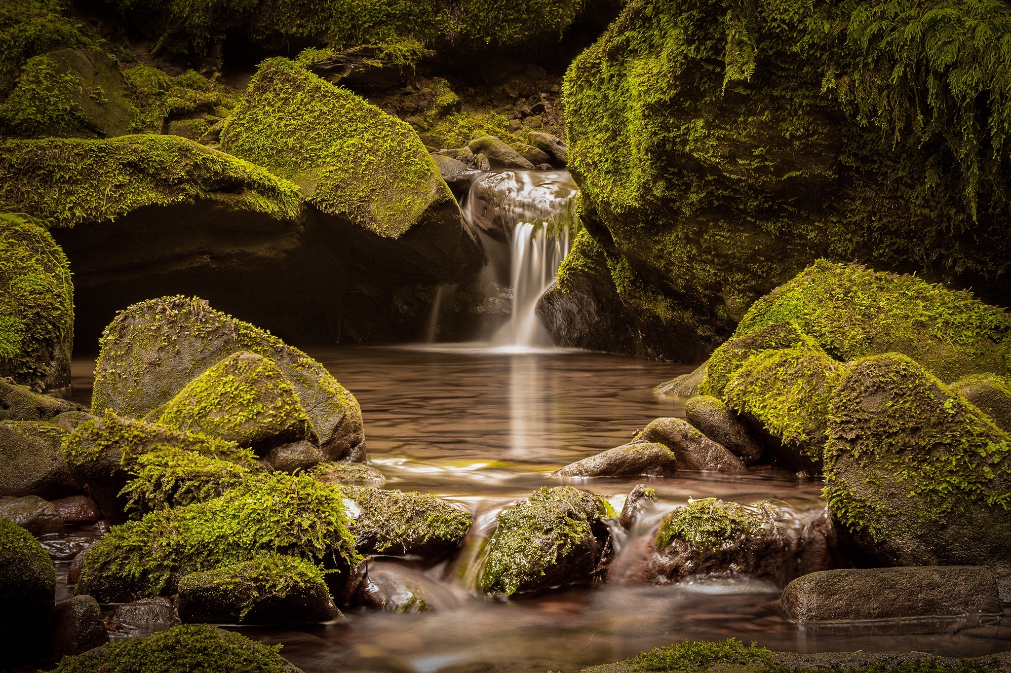 Фото бесплатно обои водопад, мох, поток