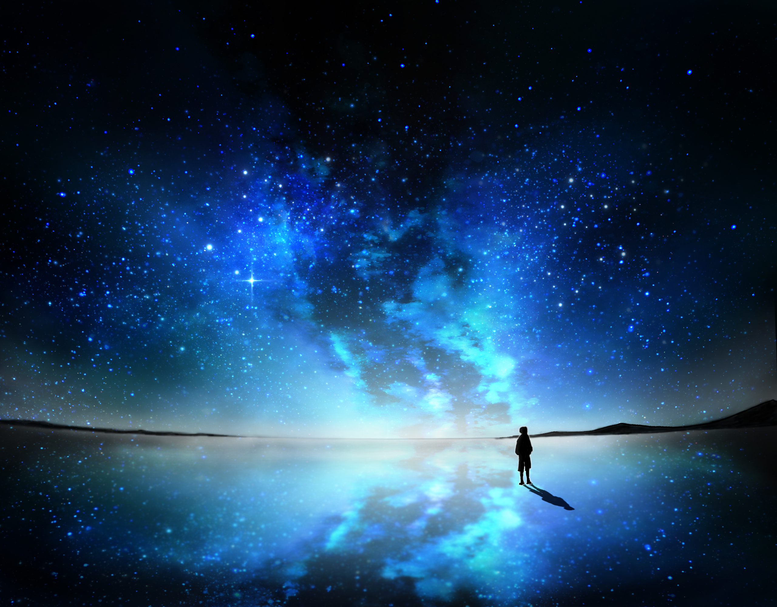 Silhouette of a guy against a blue starry sky background