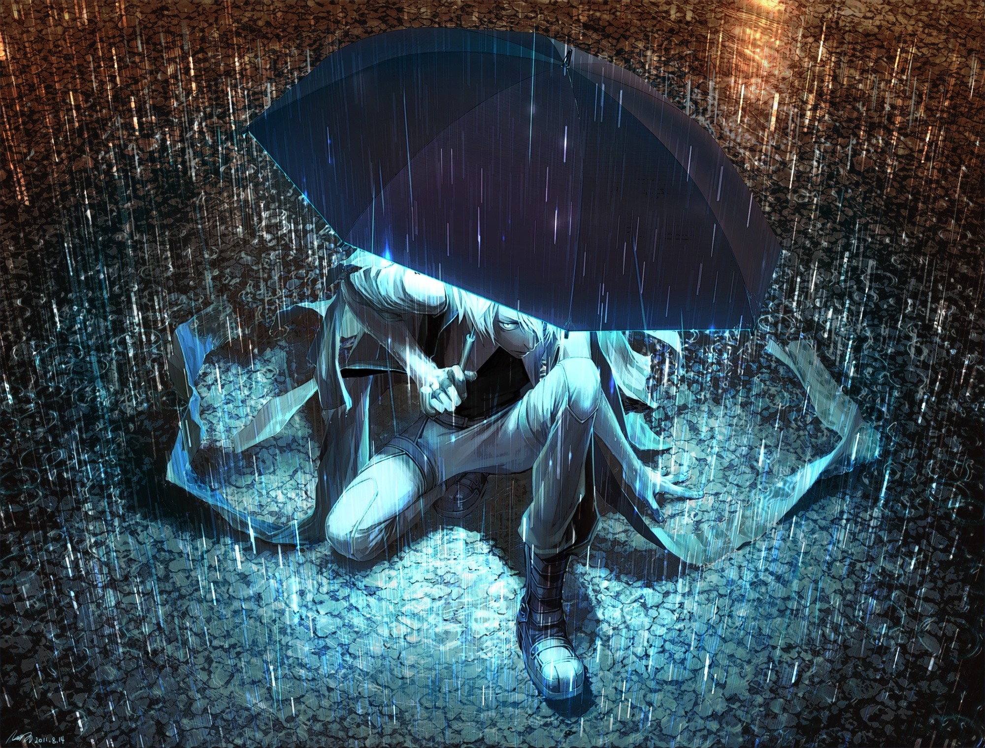 Photo anime boy rainy umbrella - free pictures on Fonwall