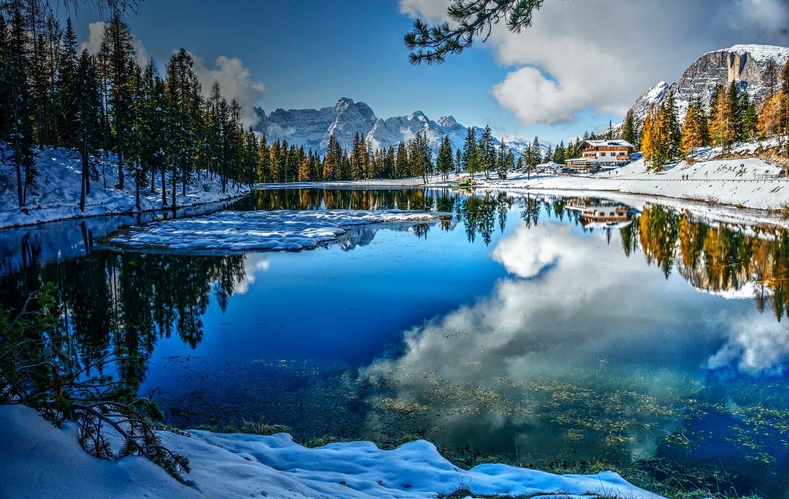 Wallpapers lake alps winter trees italy lake on the desktop