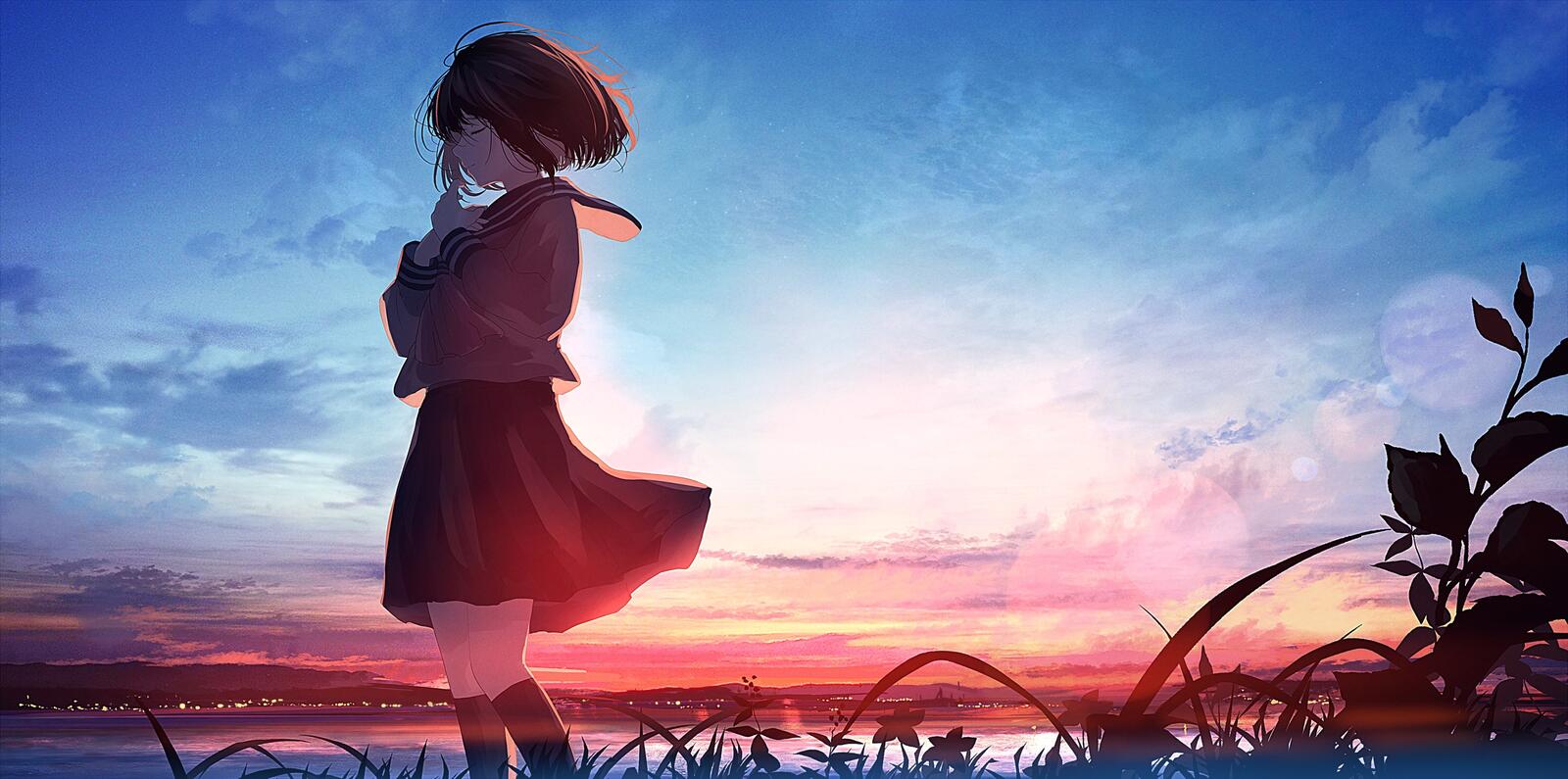 Wallpapers wallpaper anime school girl sunset picturesque on the desktop