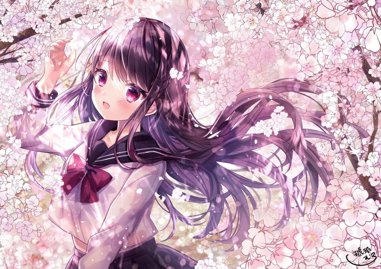 Обои обои цветение сакуры симпатичная девушка из аниме школьной формы на рабочий стол