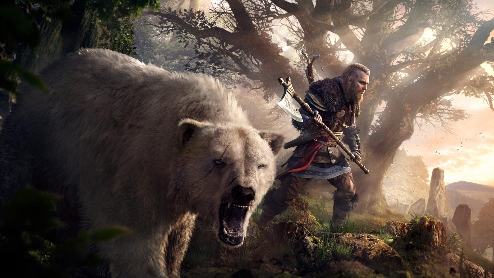 Бесплатное фото Заставка с медведем из игры assassins creed valhalla