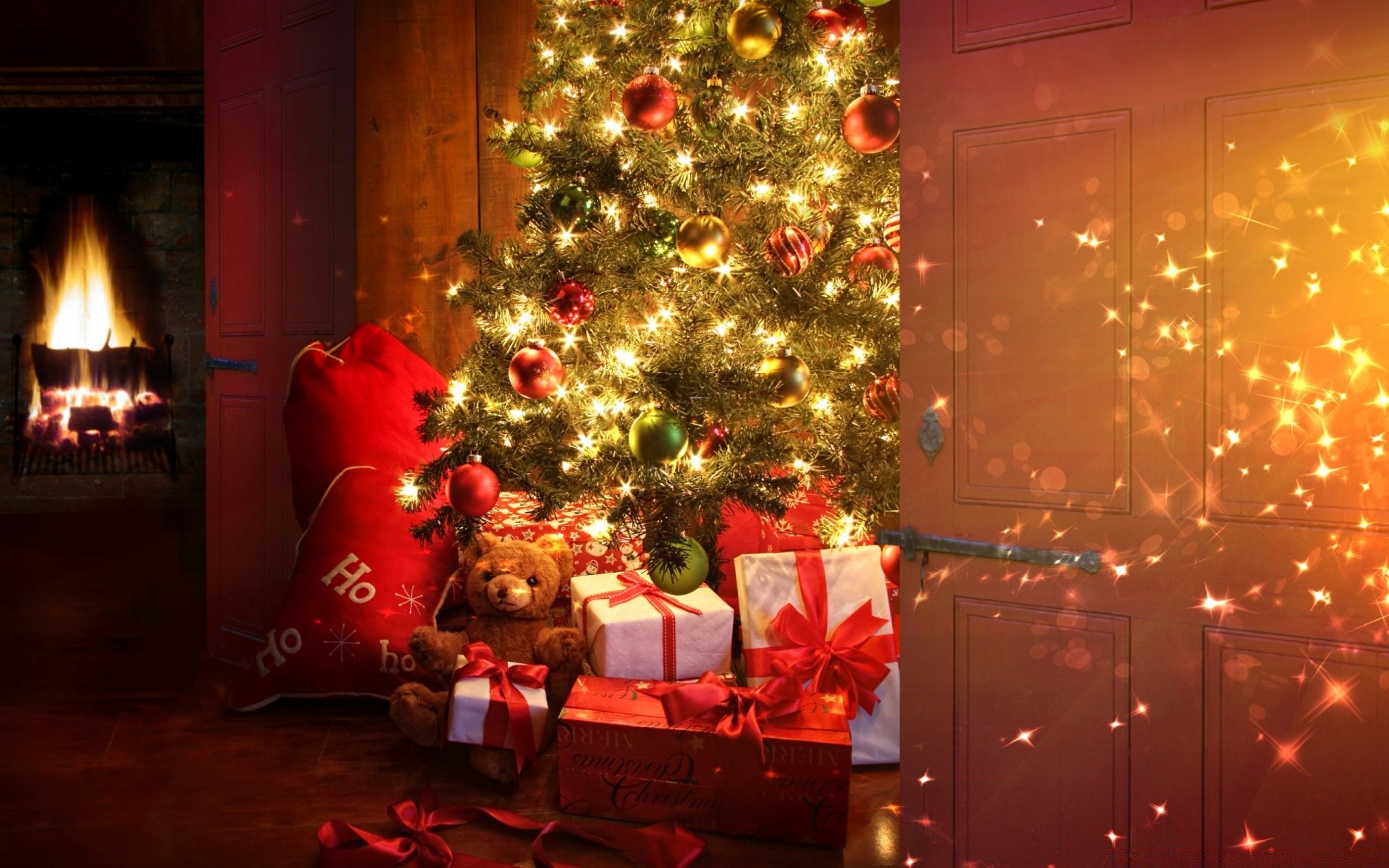 Photo free new year atmosphere, interior, gifts under the tree