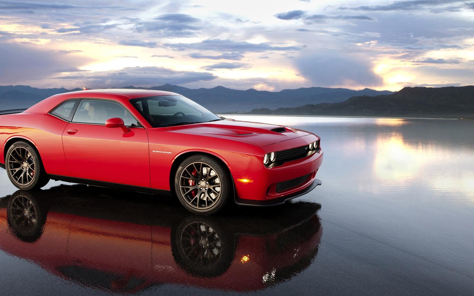 Wallpapers lake red Dodge Challenger on the desktop