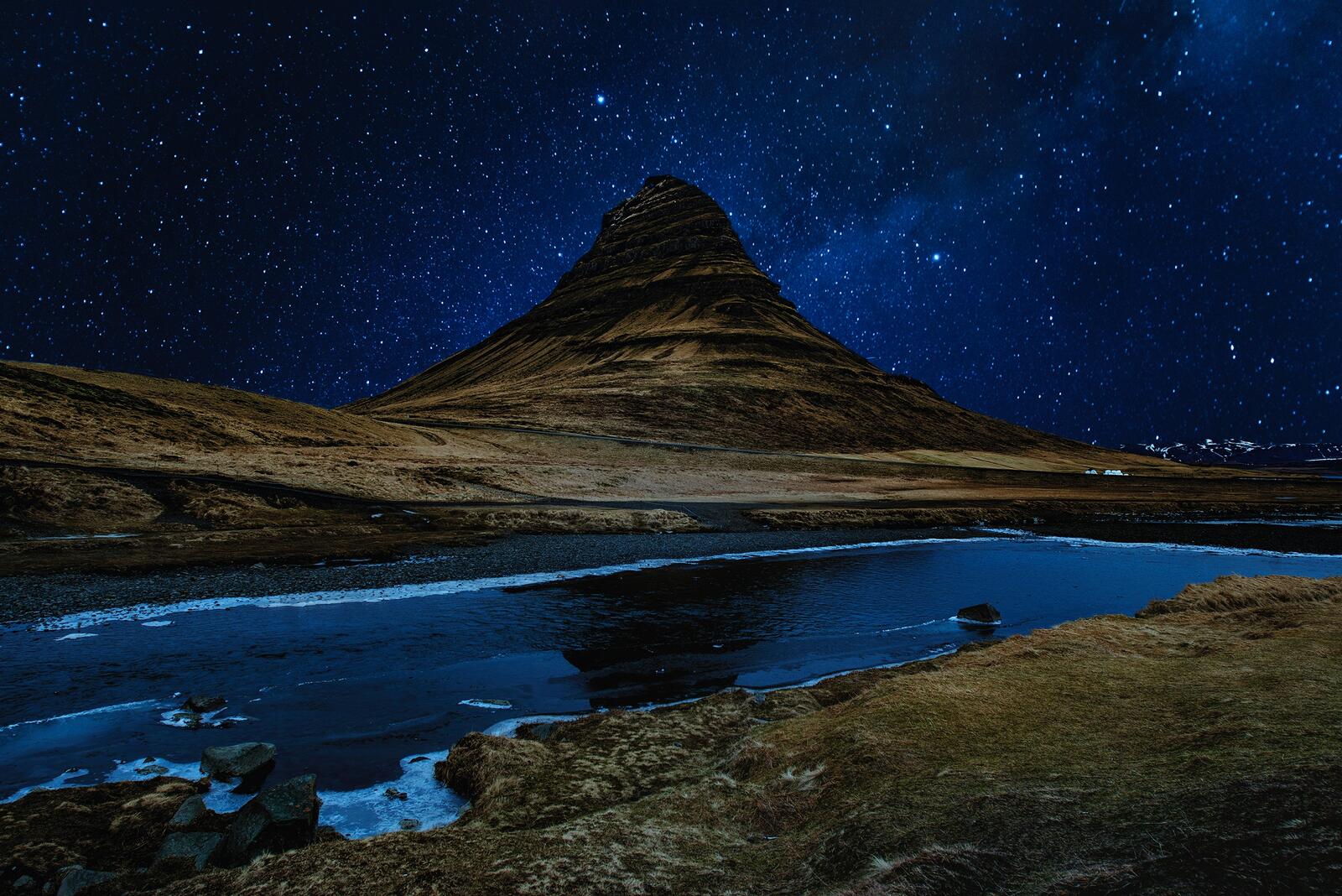 Wallpapers hill river starry sky on the desktop