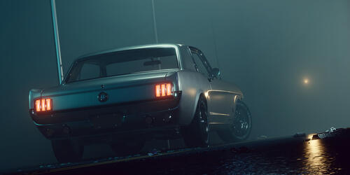 Ford Mustang at night in the rain