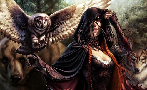 A girl in a black hooded cloak holds a large owl on her arm