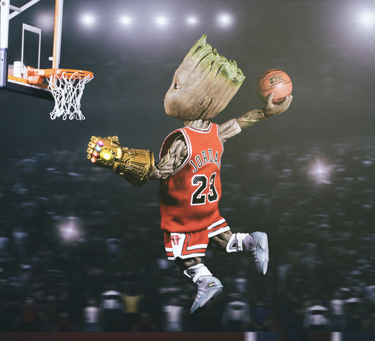 Little Groot plays basketball