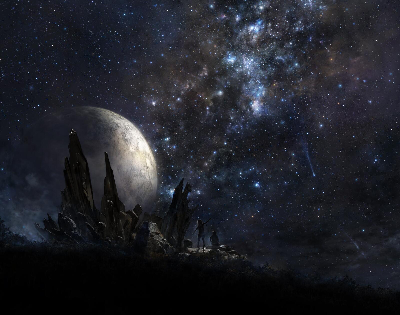 Wallpapers falling-stars space moon on the desktop