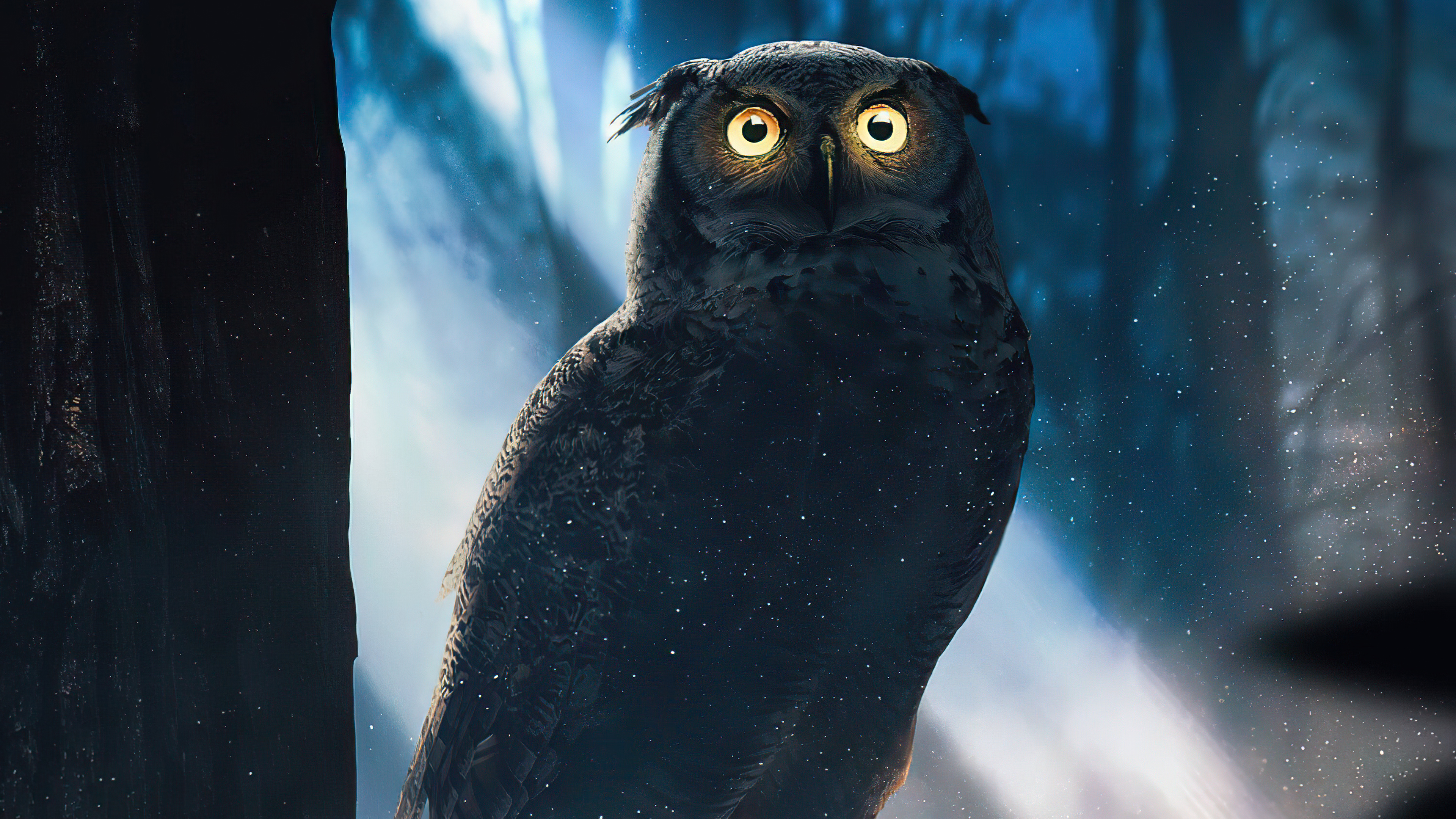 Rendering of an owl with glowing eyes in a night forest