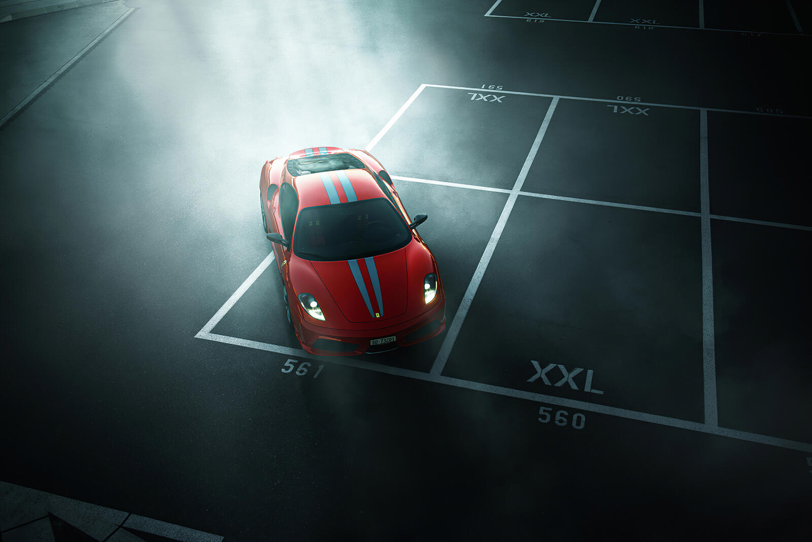 Бесплатное фото Красная Ferrari на большой автостоянке вечером