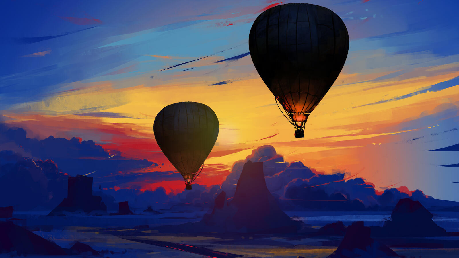 Free photo Drawing of balloons in the sky at sunset