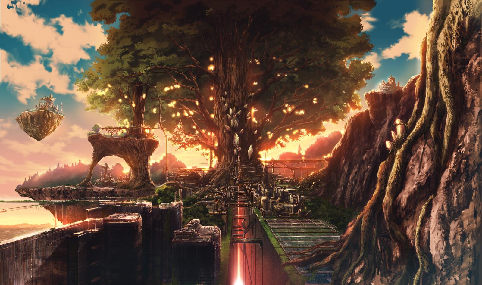 Wallpapers giant tree anime fantasy world floating islands on the desktop