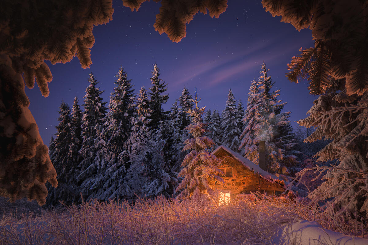 Сказочная избушка в зимнем лесу