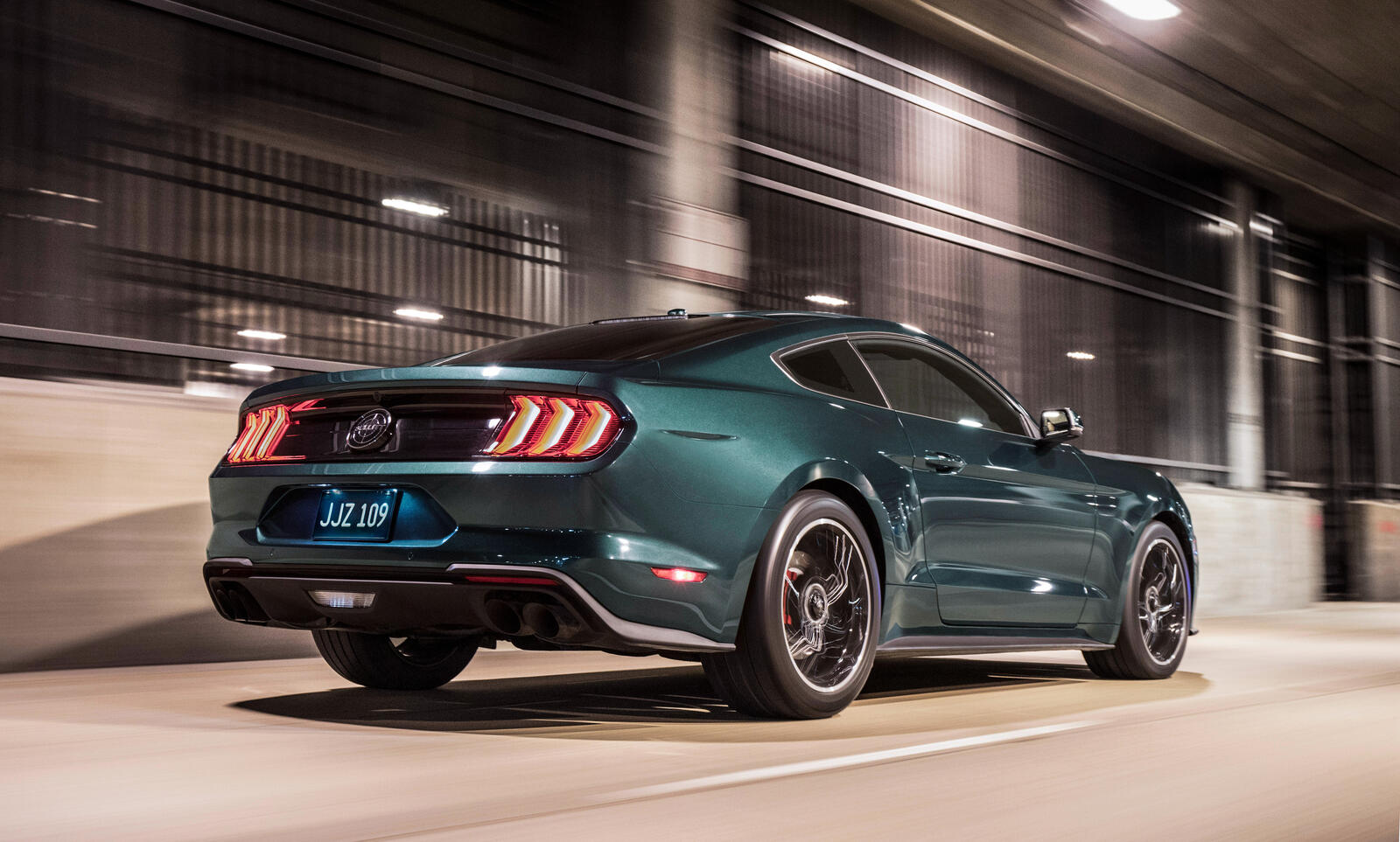 Wallpapers Ford Mustang Bullitt view from behind in move on the desktop