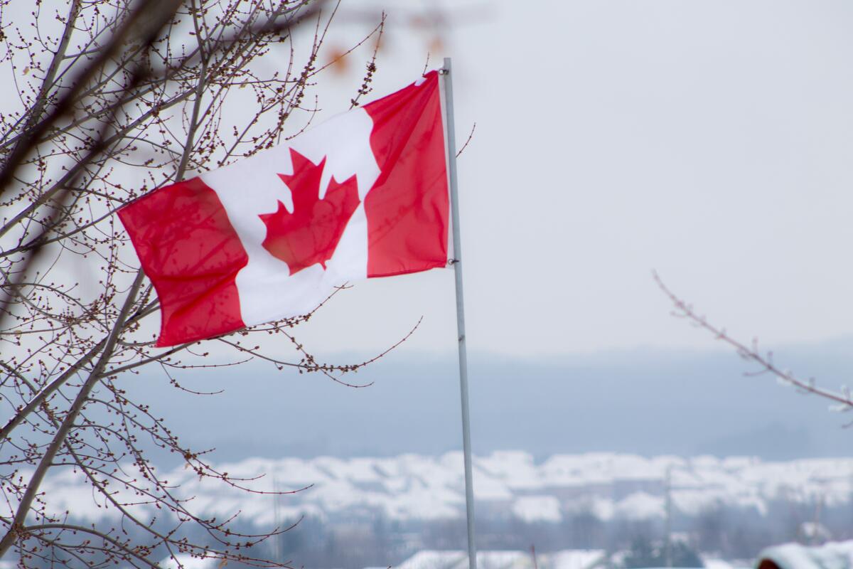 The Canadian flag is flying in the wind