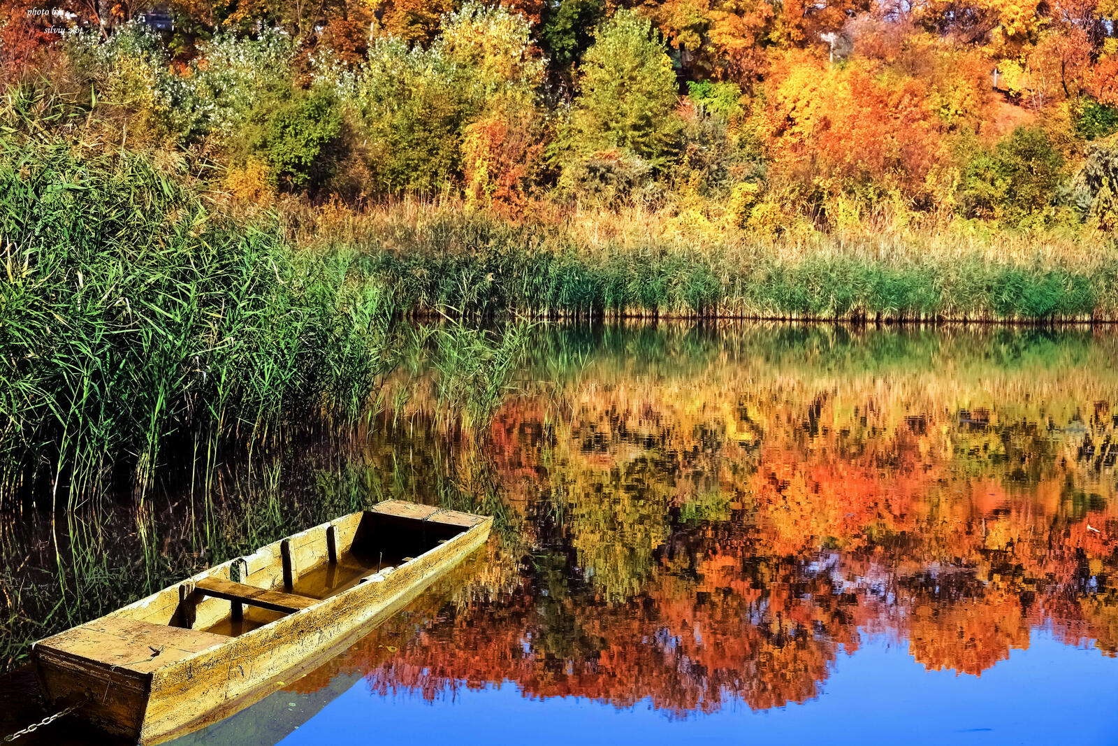 Обои осень озеро лодка на рабочий стол