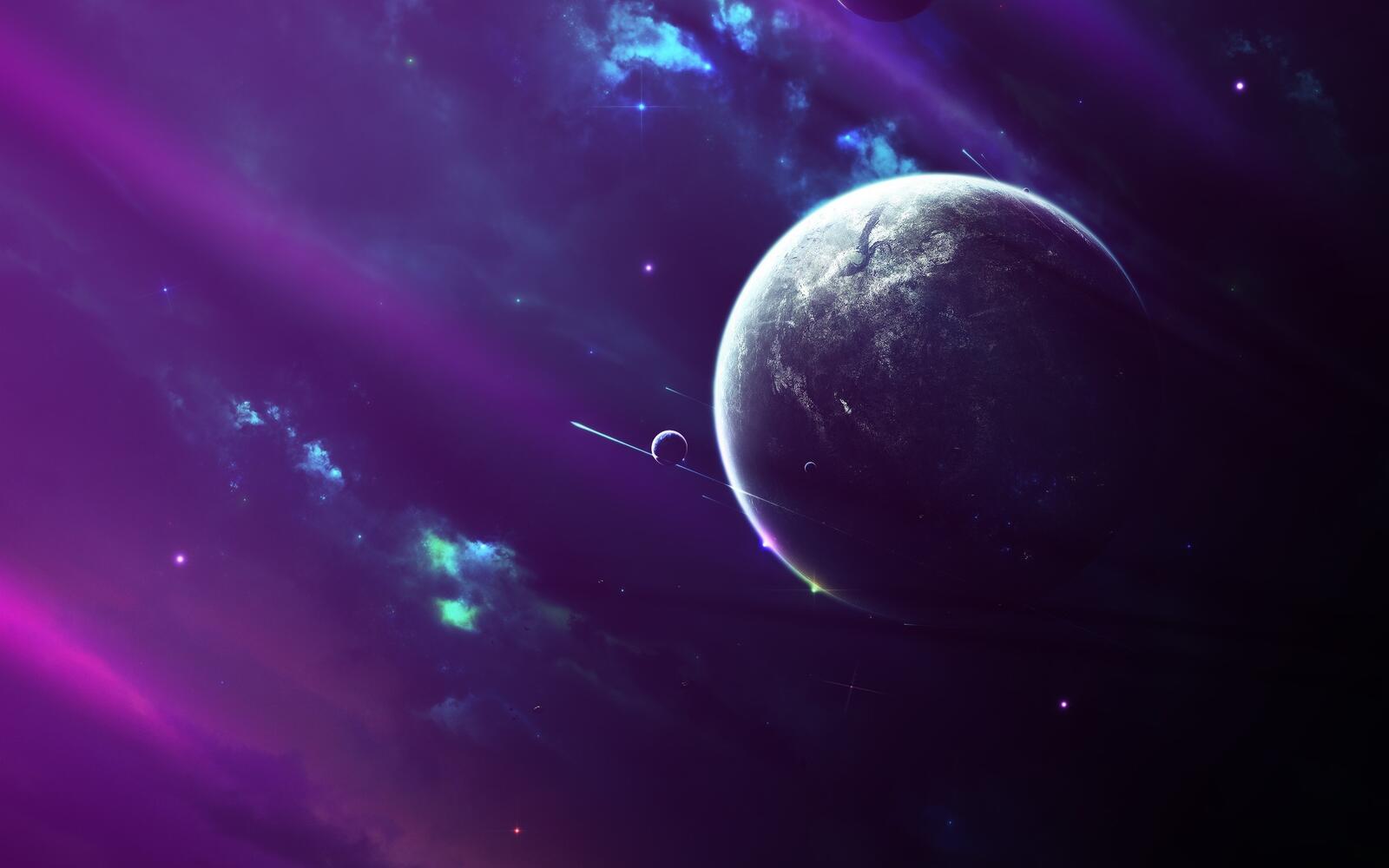 Обои фиолетовая галактика планеты падающие звезды на рабочий стол