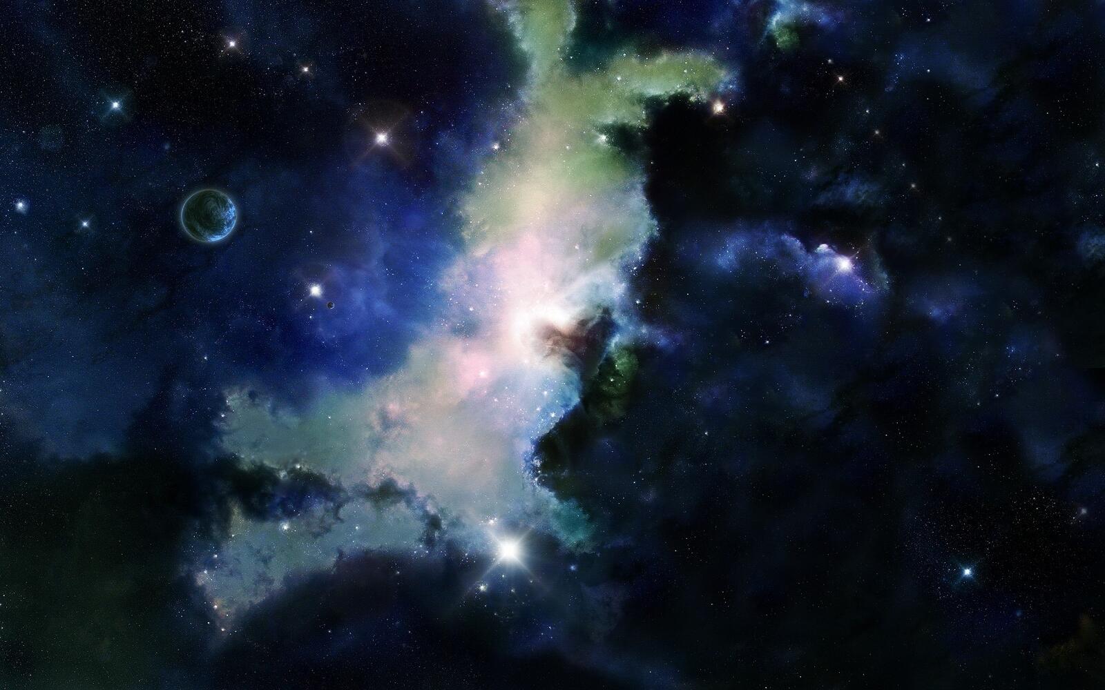 Бесплатное фото Космическая туманность со звездами и луной