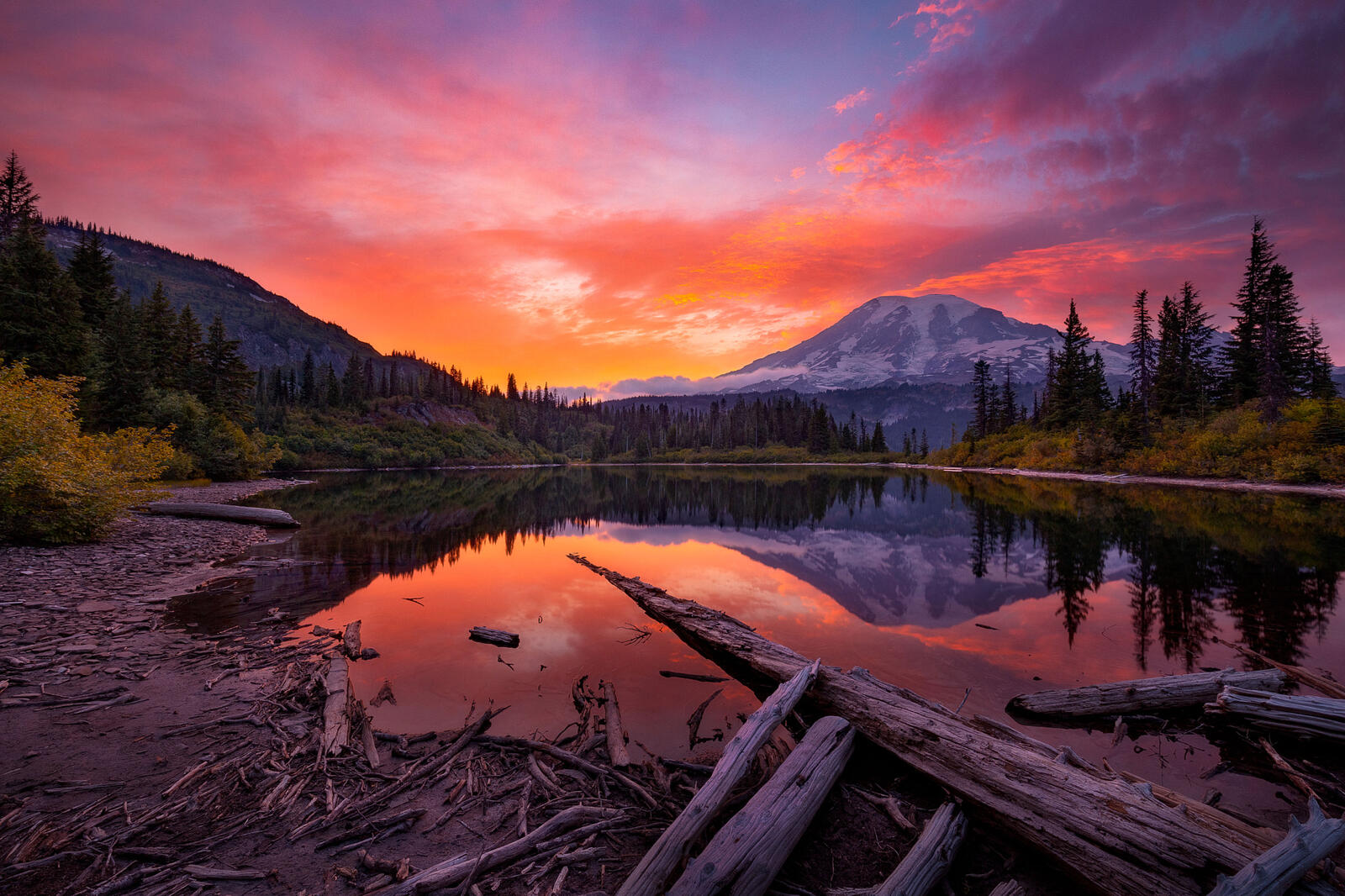 Wallpapers Bench Lake Mount Rainier National Park sunset on the desktop