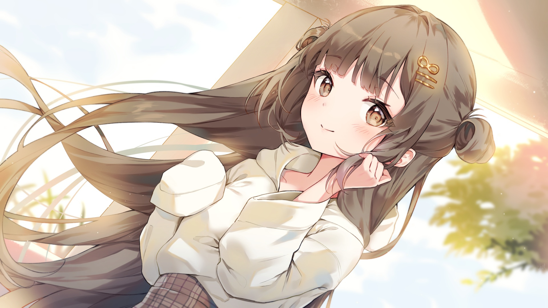 Photo Wallpaper Anime Girl Brown Hair Blushes Smiling Shirt