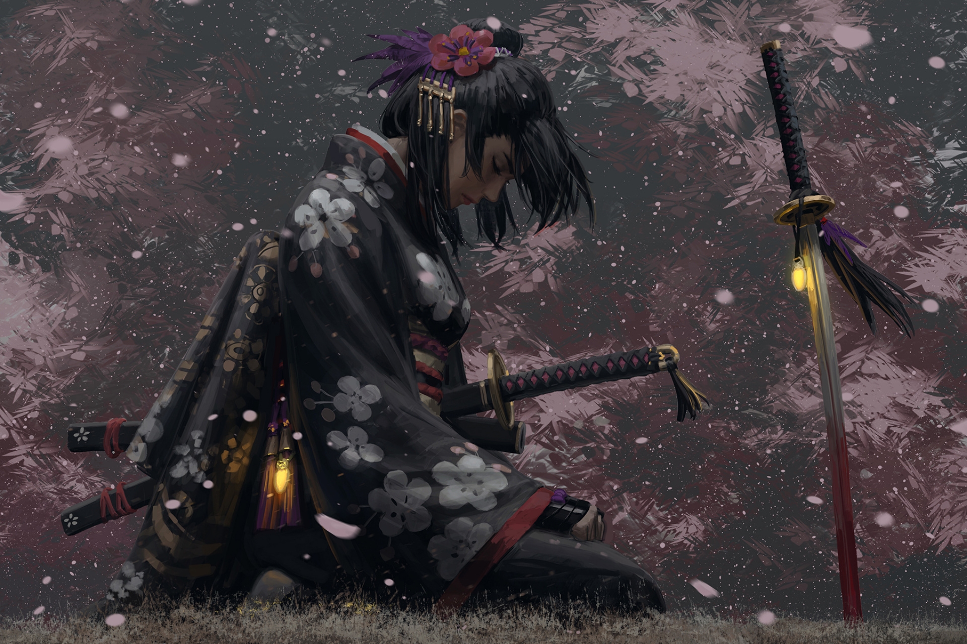 Обои фантазия азиатской девушки самурай униформа на рабочий стол