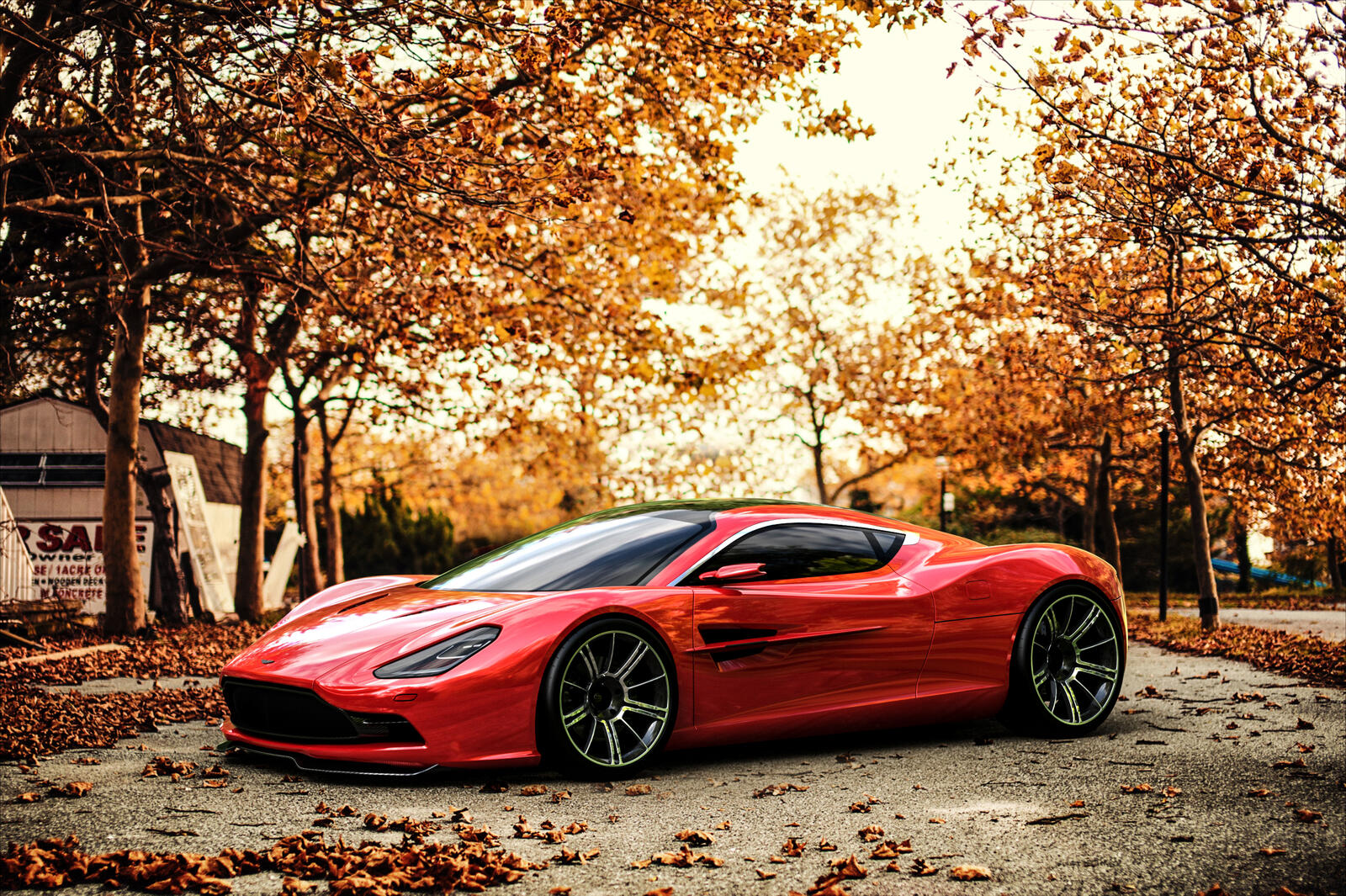 Wallpapers cars red car autumn leaves on the desktop