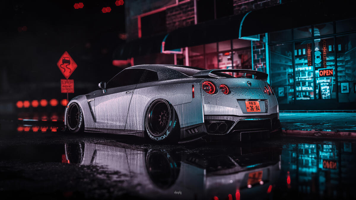 White Nissan GTR in the rain in Need for Speed game
