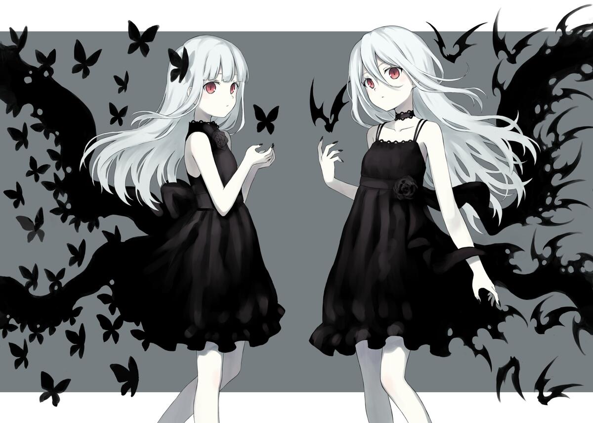 Two anime girls with ash hair in a black dress