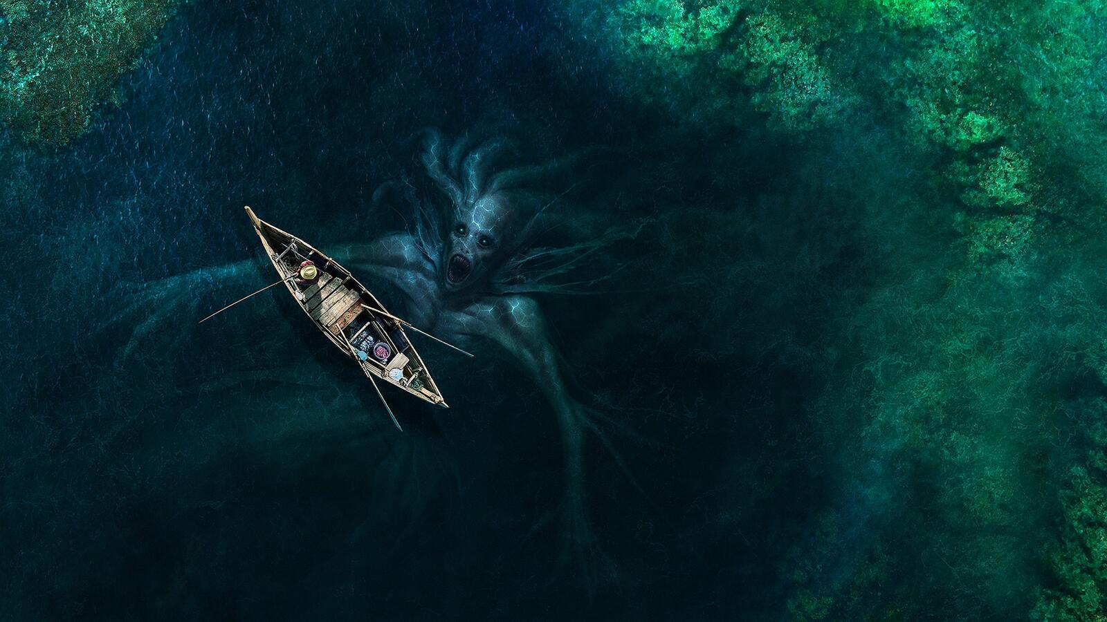 Бесплатное фото Морское чудовище в озере охотится на лодку