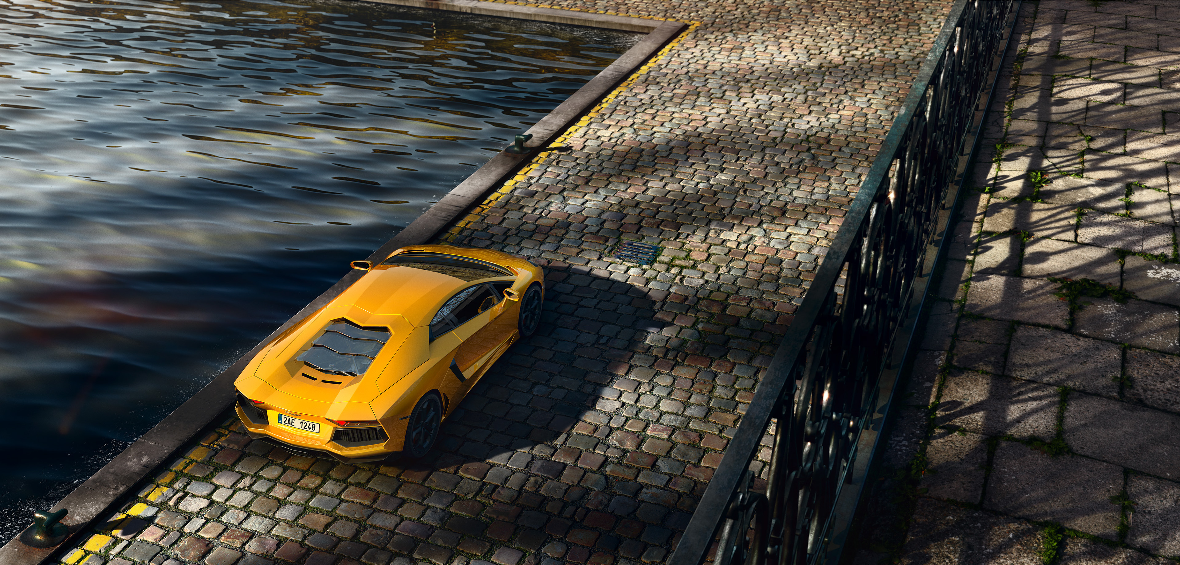 Yellow Lamborghini on the riverbank