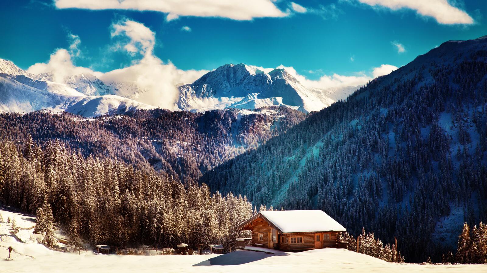 Wallpapers snow mountains little house on the desktop